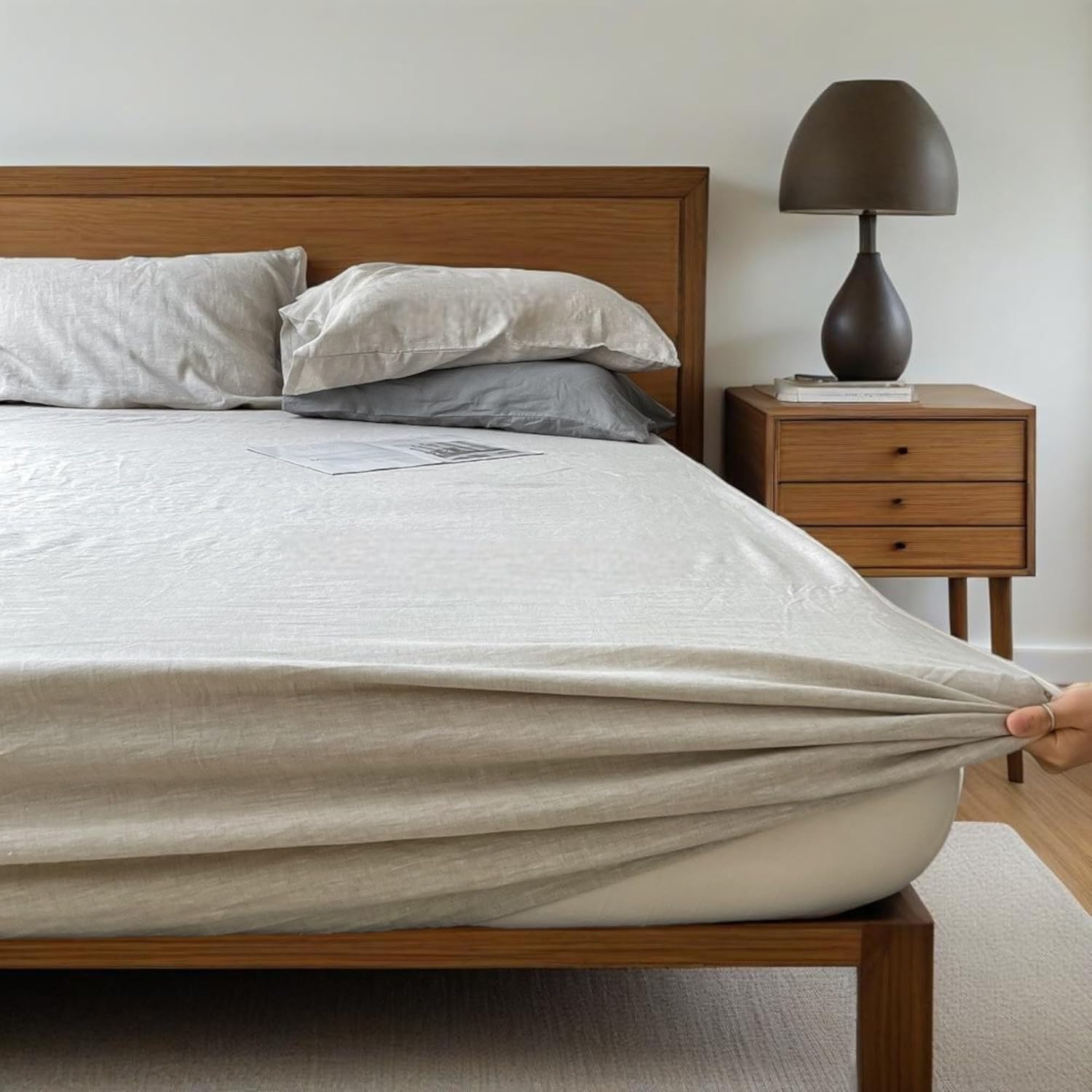 100% French Linen Fitted Sheet Queen Size, Easy Fit Breathable Soft Bed Fitted Sheet, Premium Natural Flax, Fits Mattress up to 16" Deep - Beige, Queen