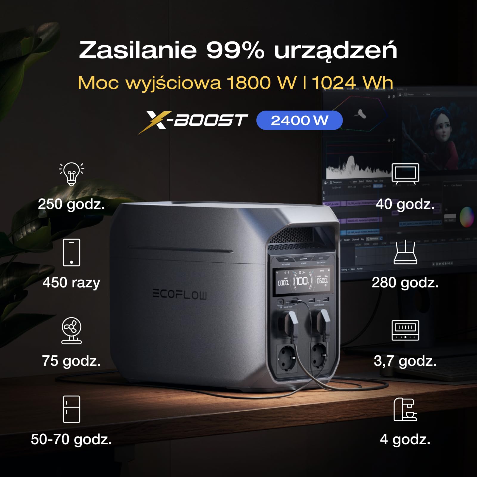 EF ECOFLOW DELTA 3 Plus Przenośna stacja zasilania E, bateria LiFePO4 1024 Wh, pełne naładowanie w 56 minut, generator fotowoltaiczny 1800 W (w trybie podwyższenia mocy 3600 W)
