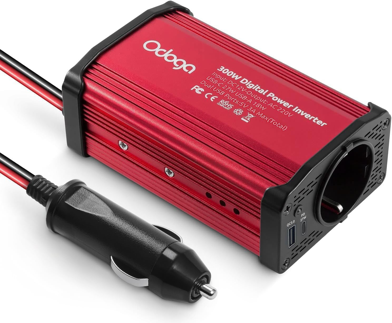 Odoga Convertisseur 12V 220V Voiture – Transformateur 300 W, Onduleur, 3A Port USB-C et USB-A, Convertisseur de Tension, Recharger Votre Ordinateur Portable, Ipad, Iphone et Plus