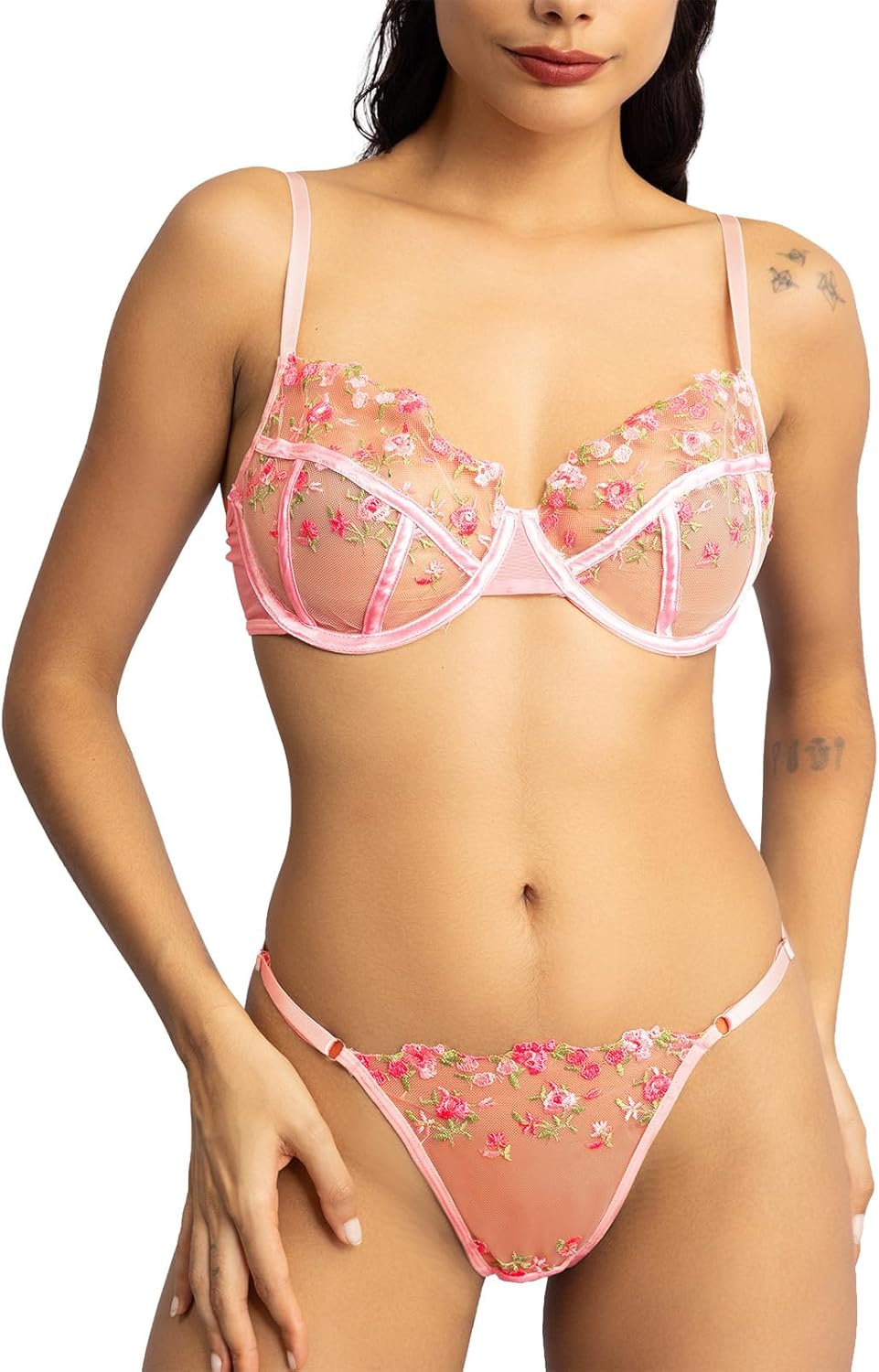 Women’s Blush Pink Floral Embroidery Lingerie Set, Underwire Bra and Thong 2 Piece