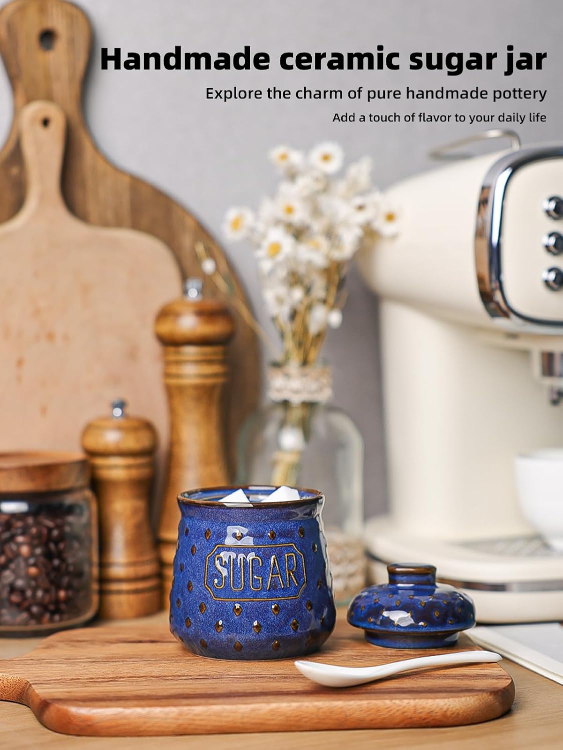 Ceramic Sugar Bowl with Lid and Spoon, 10 oz Sugar Container (Vintage Blue) image 4