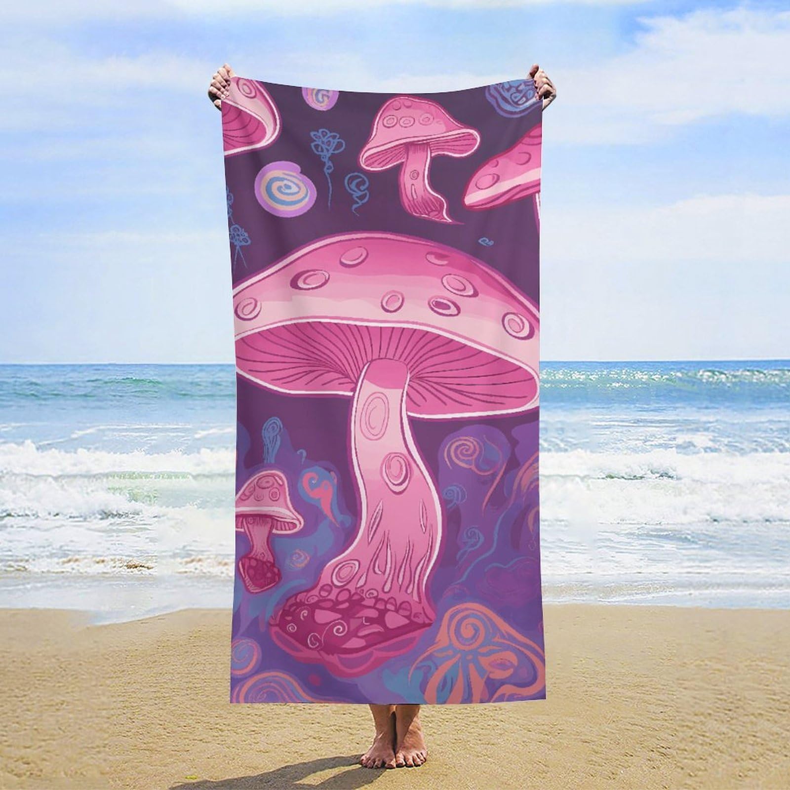 NTVOWPZO Pink Mushroom Beach Towel Oversized Microfiber Bath Towels Lightweight Sand Proof Beach Towels Absorbent Pool Towels for Swimming Yoga Bathroom Towel 31.5" X 63"