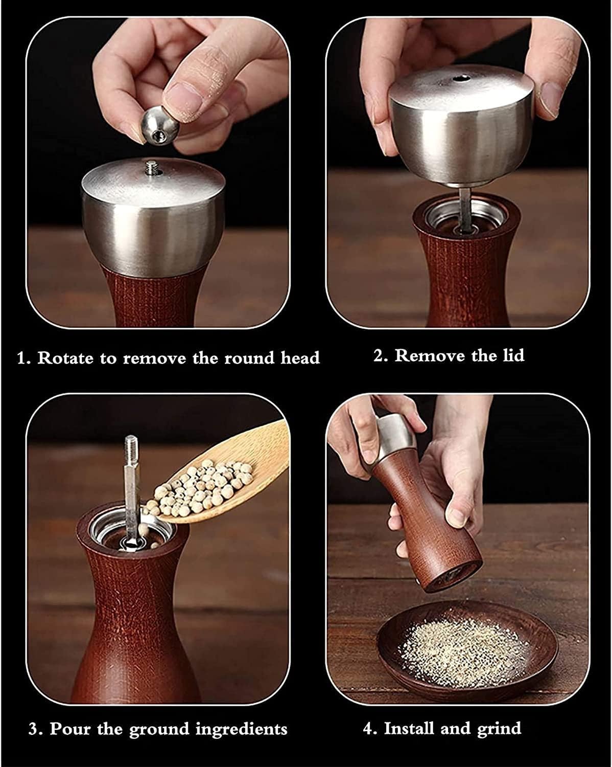 Salt and Pepper Grinder Set, Wood Pepper Mills,Wooden Salt Grinders Refillable Manual Pepper Ginder,Ceramic Grinding Core