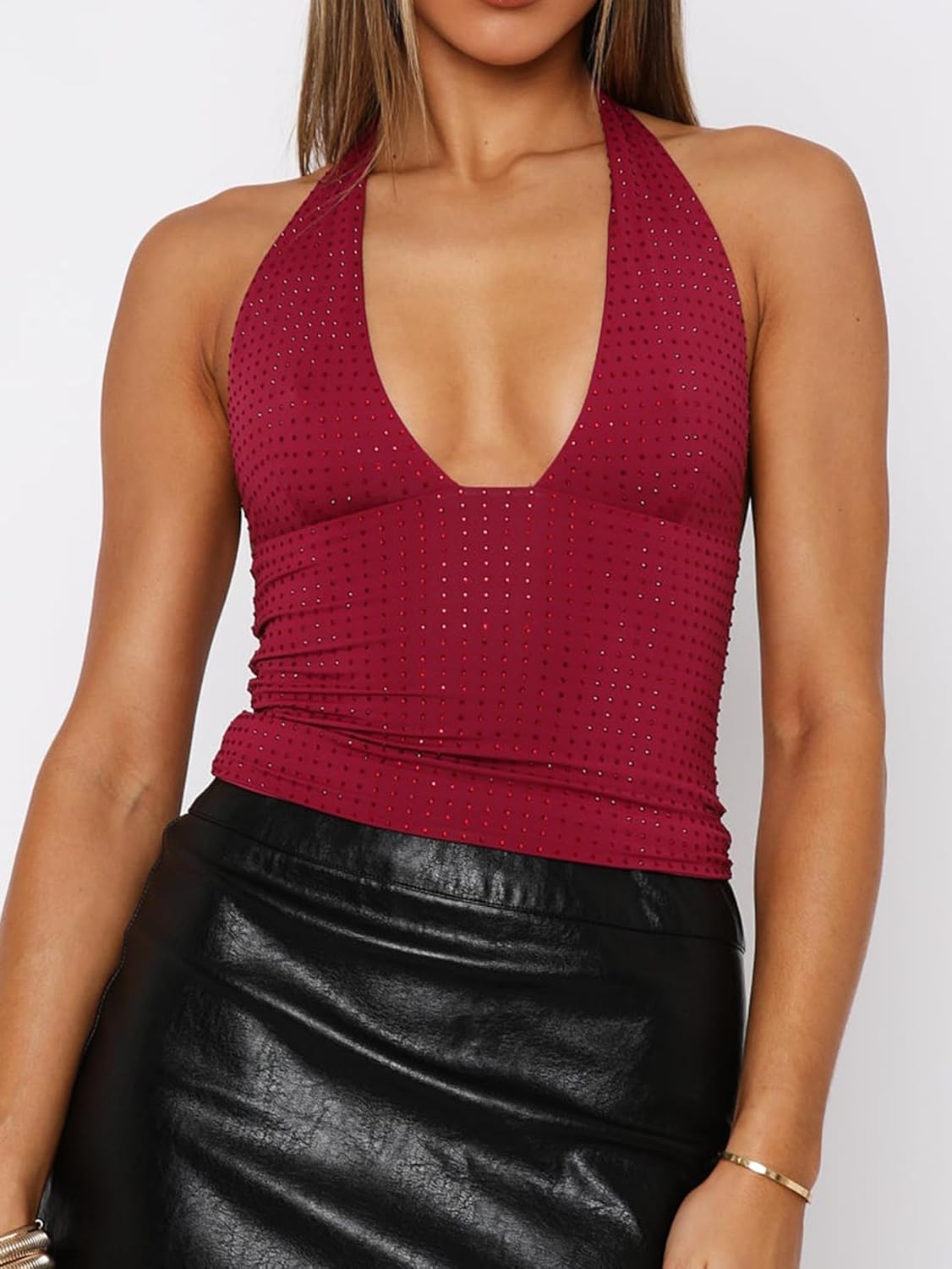 Women's Sexy Sequin Halter Top Bodycon Deep V Neck Sleeveless Backless Crop Tank Top - Image 3