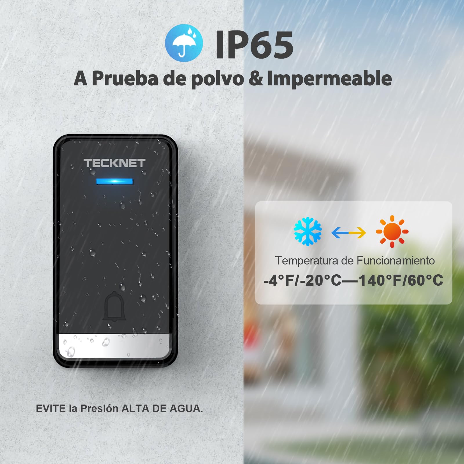 TECKNET Timbre Inalámbrico Kit, 400M Timbre Inalámbrico Autoalimentado | IP65 Kit de Timbre con 2 Transmisores, 5 Niveles de Volumen Doorbell con Puertos USB Externos y luz LED, 60 Melodías