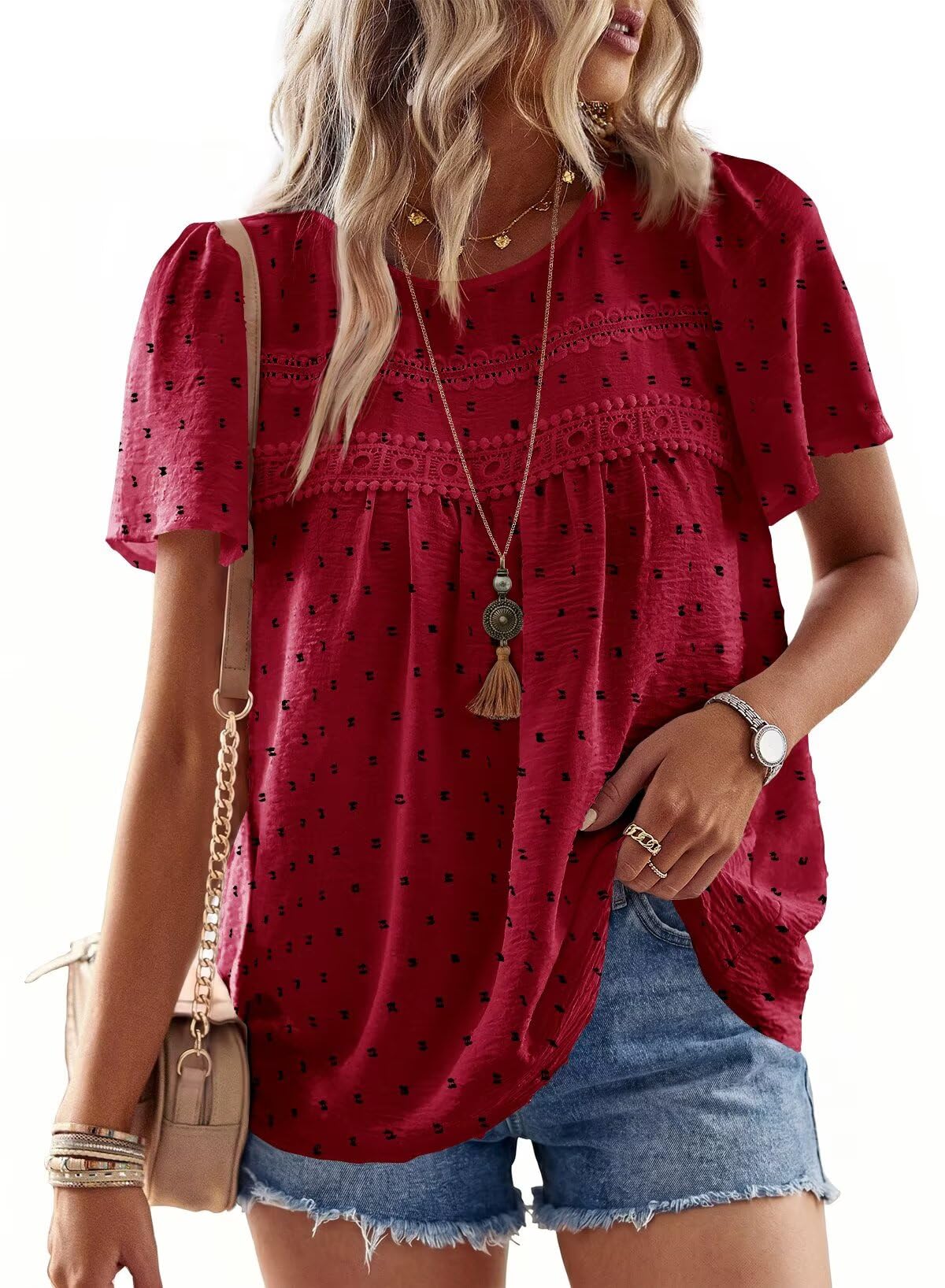 Falechay Womens Summer Tops Flowy Boho Shirts Dressy Casual Short Sleeve