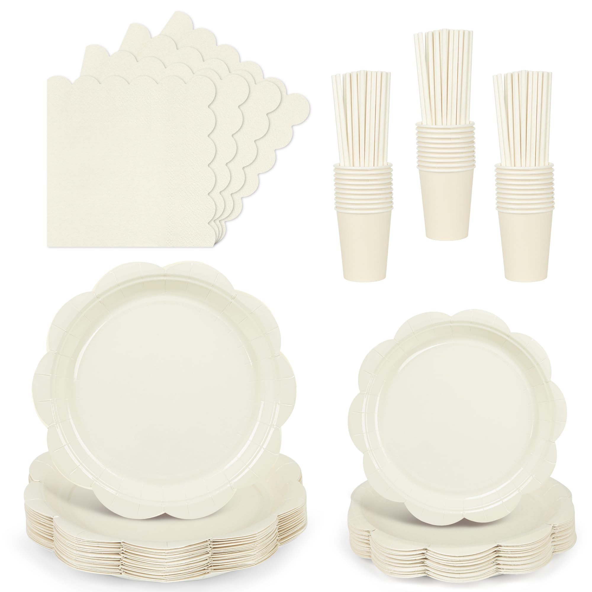 ZUQMZUQ 125 Pcs Cream Paper Plates and Napkins Set, Ivory Party Tableware Set Include Scalloped Plate, Cocktail Napkin, Cups, Straws Party Supplies for Baby Shower, Wedding, Birthday Party