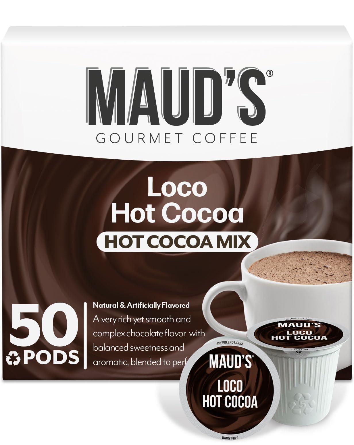 Maud's Dark Hot Chocolate Pods, 50 ct, Recyclable Single Serve Pods, Compatible with Keurig K Cups Maker