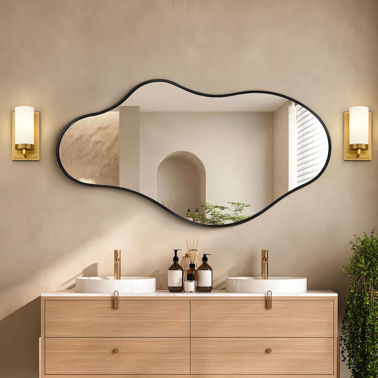 Irregular Wall Mirror, 20"x36" Black Abstract Asymmetrical Mirrors for Wall, Decorative Cloud Wavy Mirror for Bathroom, Bedroom, Cloakroom, Entryway, Shatter-Proof Aluminum Alloy Frame 20"L x 36"W A-black