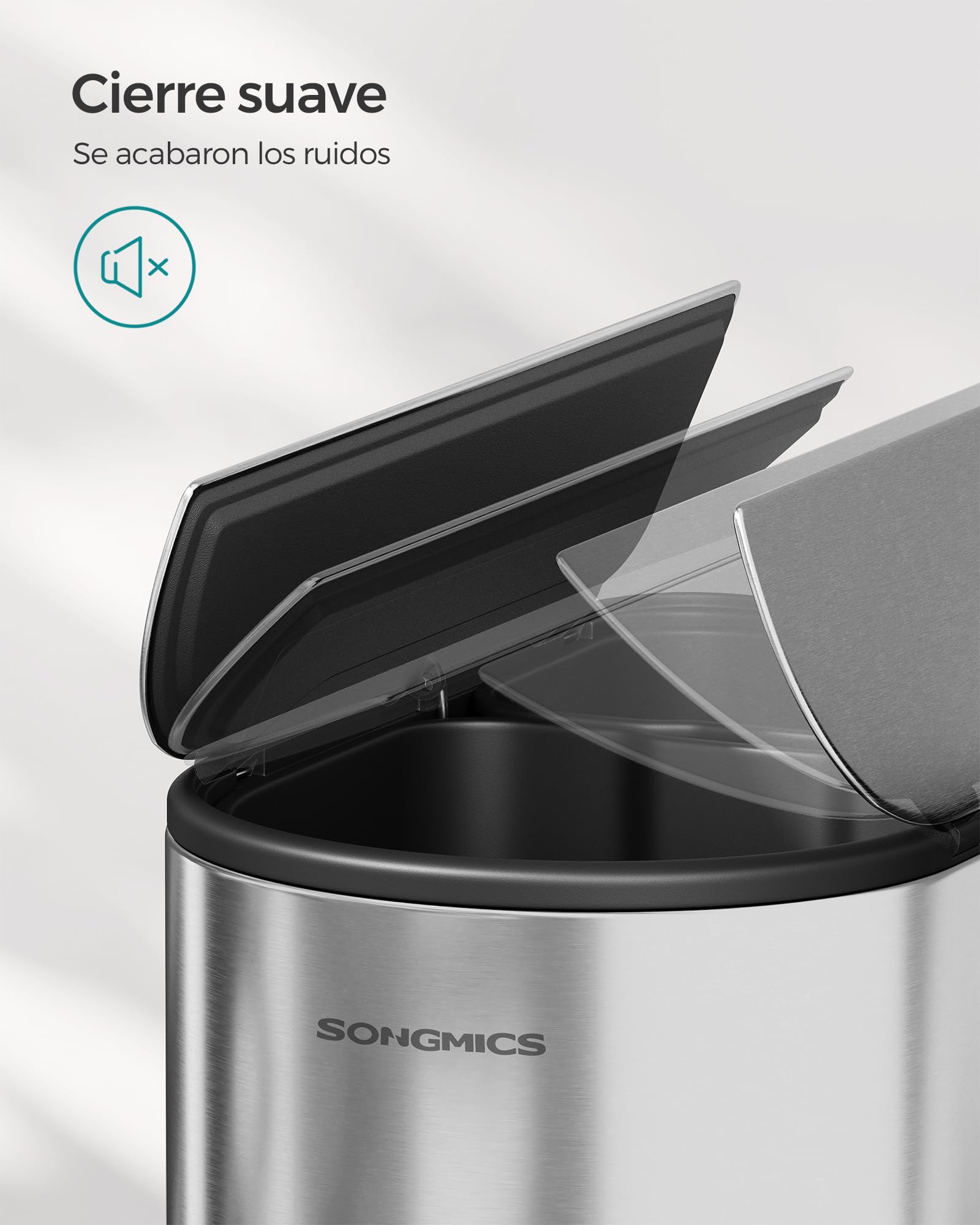 SONGMICS Cubo de cocina doble, 30 L y 20 L, doble compartimento, contenedor delgado para reciclaje y residuos, cubo de pedal con tapas de ala, plateado metálico LTB570E50