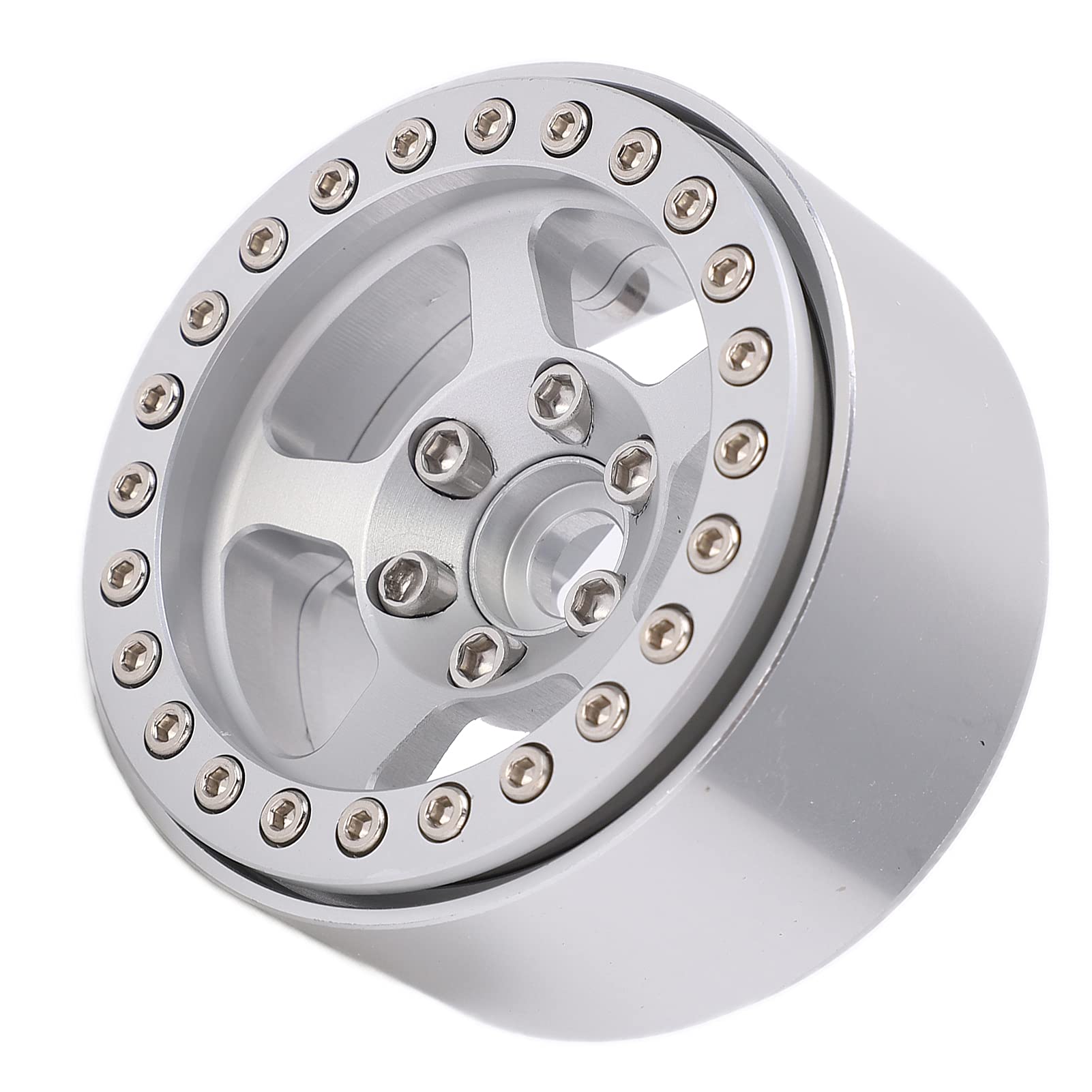 Ruote Beadlock da 1,9 pollici in lega di alluminio, cerchi argentati a 5 fori, cerchi per ruote RC antistrappo e antimacchia, con ruota, compatibili con AXIAL SCX10, TRX4, (Argento)