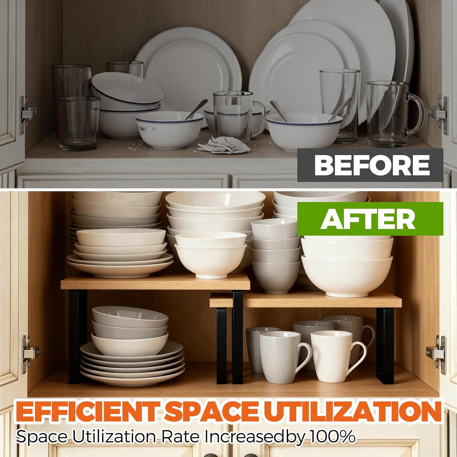 Cabinet Organizer Shelf - 4 Pack Wood Kitchen Organizer, Upgraded Cabinet Organizer Shelf for Kitchen Storage, Countertop, Spice Rack, Stackable, Expandable, Ink Black and Natural Beig