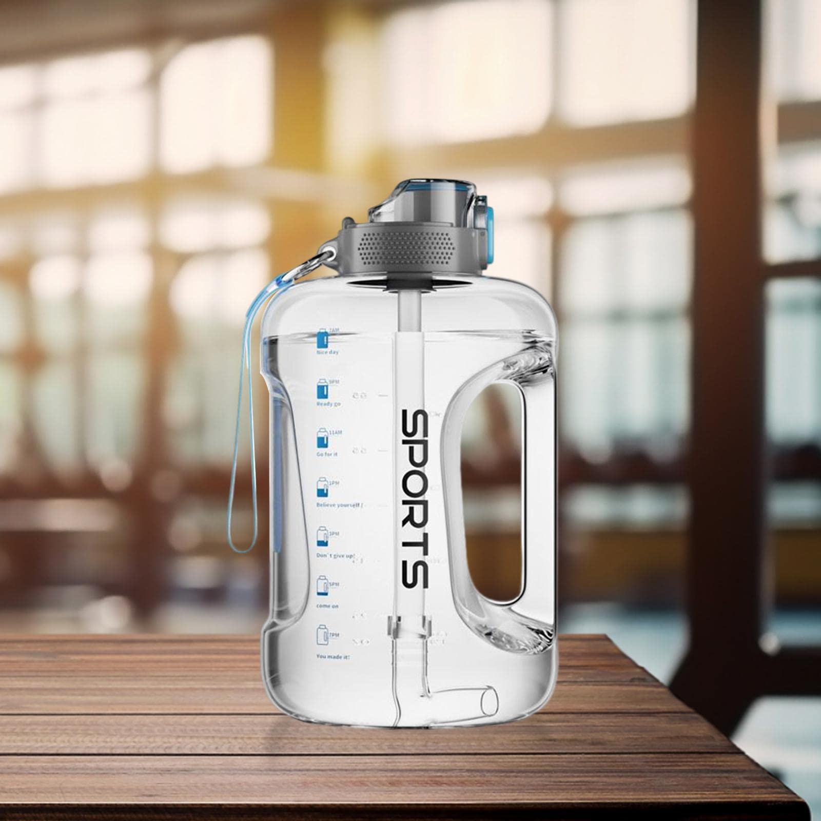 Wasserflasche mit Strohhalm, Großem Fassungsvermögen, Tragegurt, Auslaufsicher, mit Tragegriff – Ideal Zum Radfahren, Laufen Und Wandern, klar 2500ml