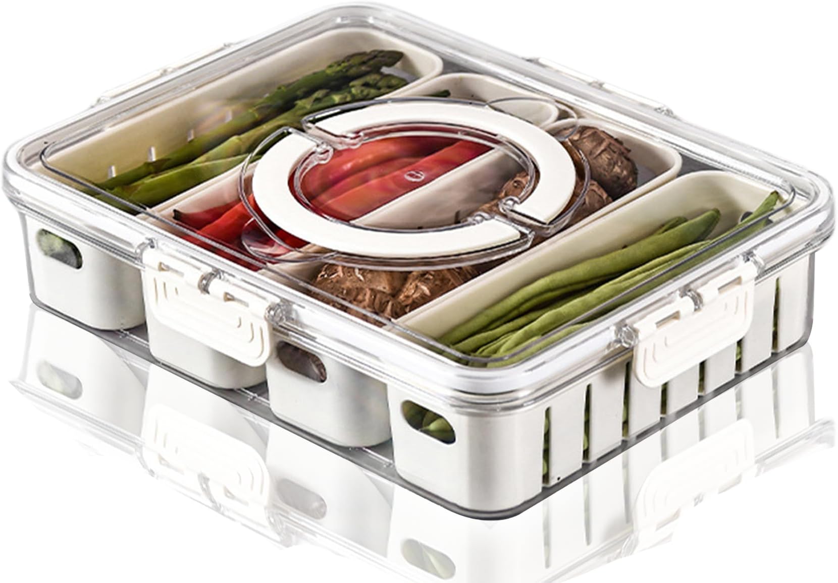 Divided Serving Veggie Tray with Lid and Handle, 4 Compartment Fruit Snack Storage Containers for Fridge, Portable Refrigerator Fresh Produce Saver Organizer Bins Berry Keeper Stackable Snackle Box