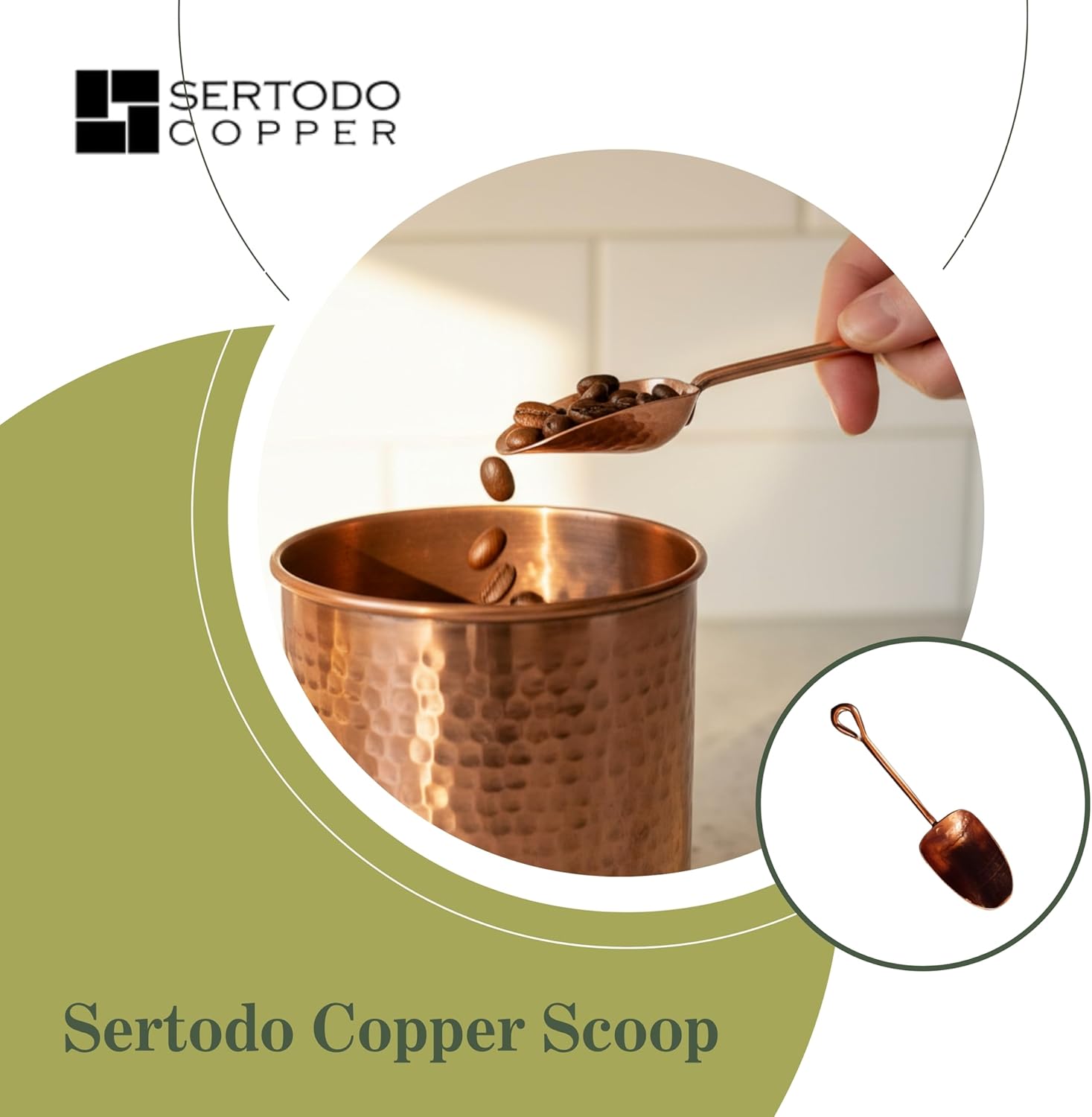 Sertodo Copper Scoop for Coffee and Spices | Solid Copper, Heavy Gauge, Hand Hammered | Copper Handle | 1oz / 2 TBSP Capacity