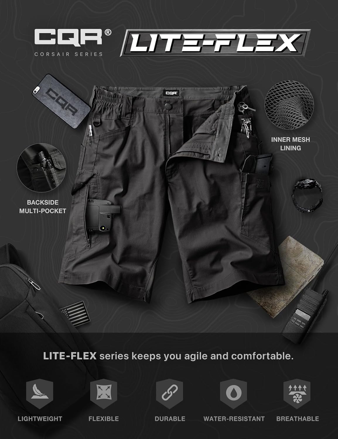 CQR Men's Flex Casual Cargo Shorts, Lightweight Water Resistant Golf Shorts, Stretch Tactical Work Shorts with Multi-Pocket - Image 7