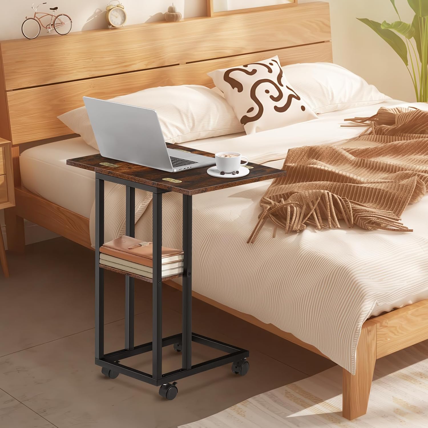 Foldable Small Side Table - C Shaped Couch End Table with Storage Shelf and Wheels, Expandable Wooden Snack Tray Table for Living Room Bedroom Sofa Bedside Chair Small Spaces Rustic Brown