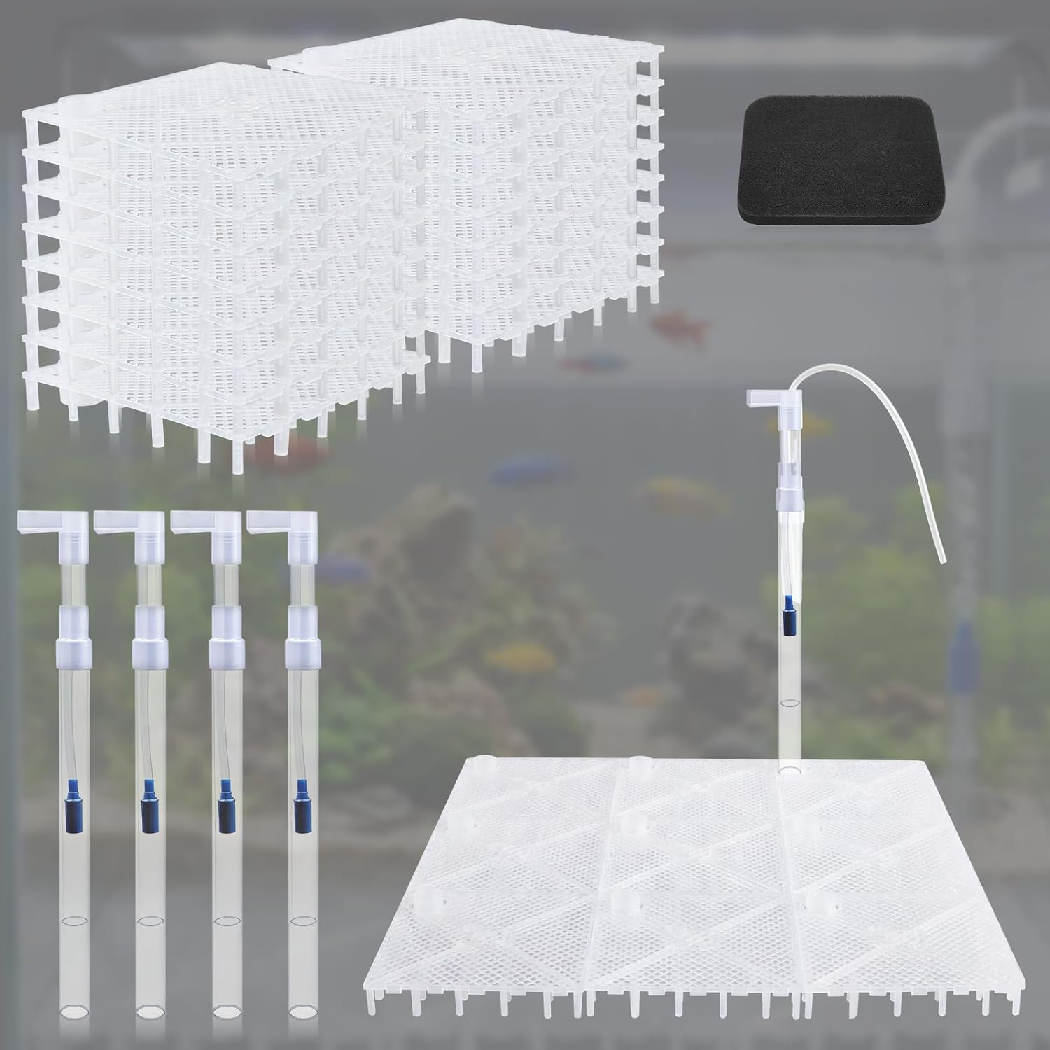 Sieral Under Gravel Aquarium Filter for 40-55 Gallon Tanks, 16 Pcs 5.7'' x 5.7'' Clear Plates, Under Gravel System with 4 Uplift Tube and 1 Filter Cotton, for Fish Tank Fresh and Saltwater