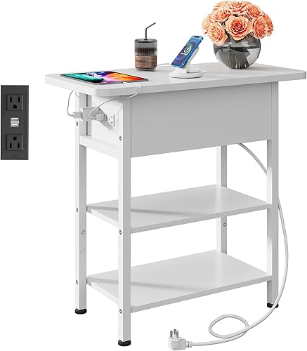 Miniatura 9 de WLIVE Mesa auxiliar con estación de carga, mesa auxiliar estrecha con tapa abatible y estante de almacenamiento, mesita de noche pequeña con puertos