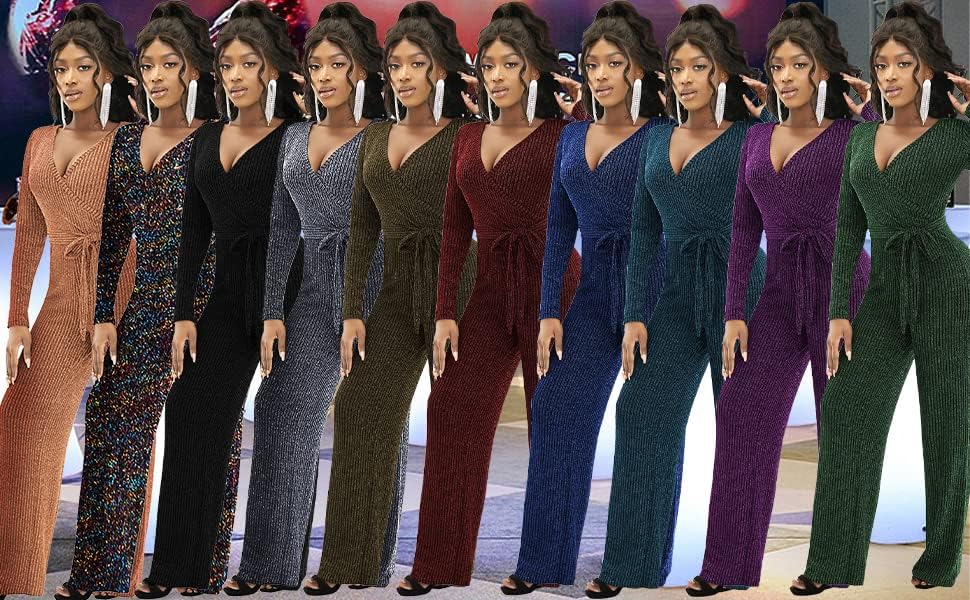 LightlyKiss Women's casual sexy V-neck sparkling jumpsuit long sleeve loose jumpsuits Fashion Club party Rompers with belt - Image 8