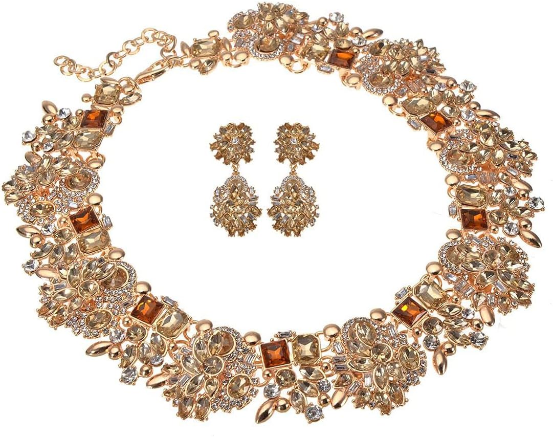 Vintage Crystal Rhinestone Statement Choker Bib Statement Necklace Earring Fashion Costume Jewelry Set for Women