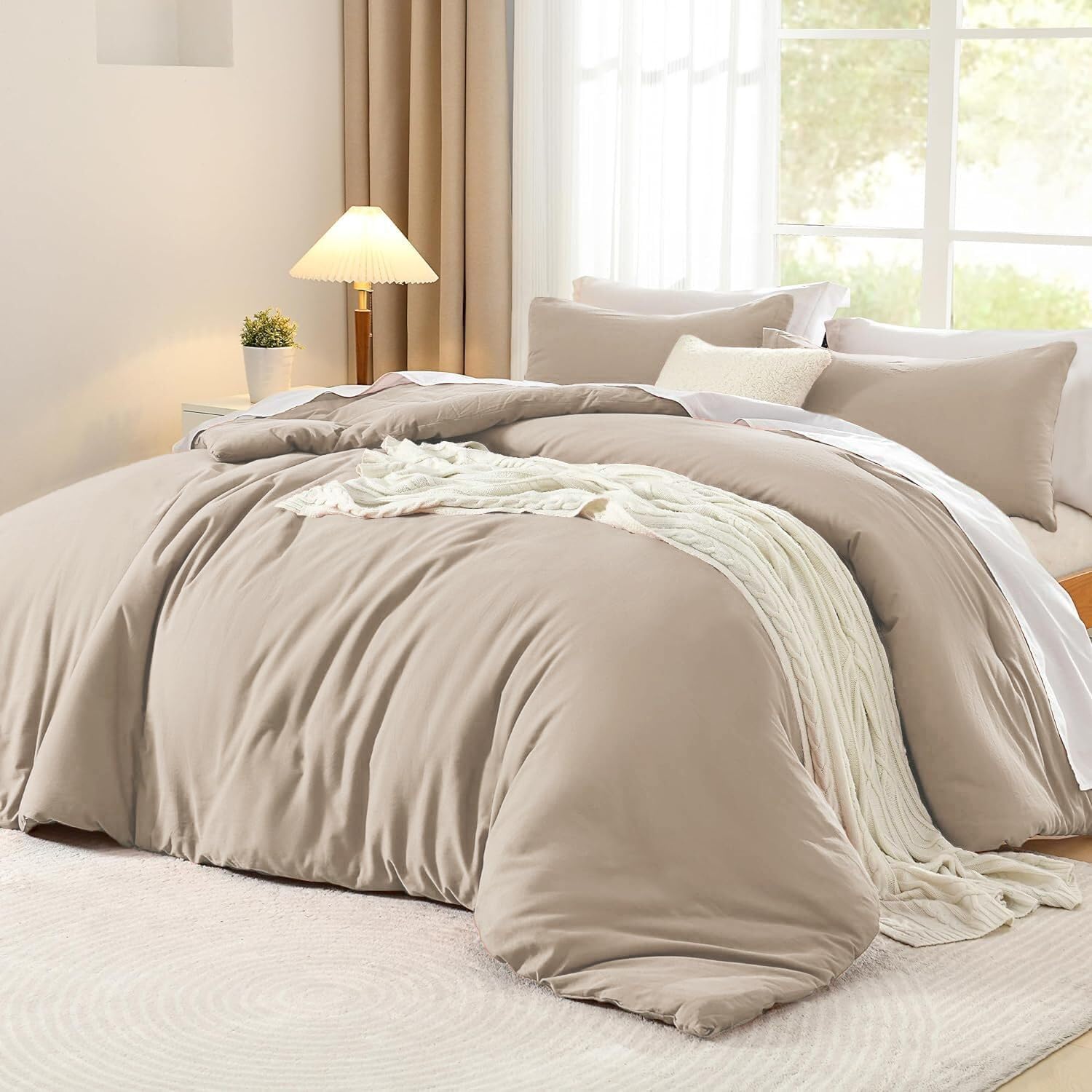Housse de couette coton 220x240 kaki taupe avec deux taies d'oreiller unies pour lit 2 personnes