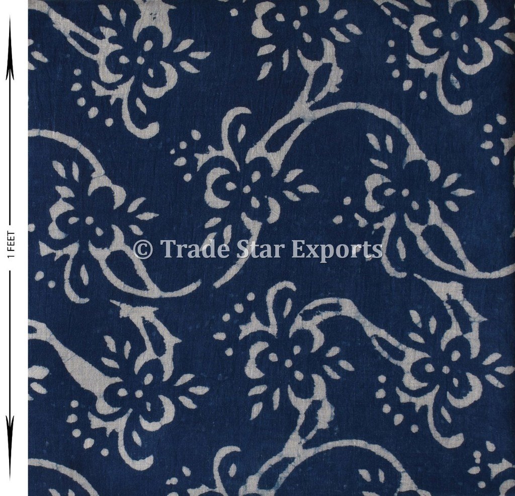 Trade Star Indian Block Print Running Fabric by Meters 100% Cotton Indigo Sanganeri Fabric