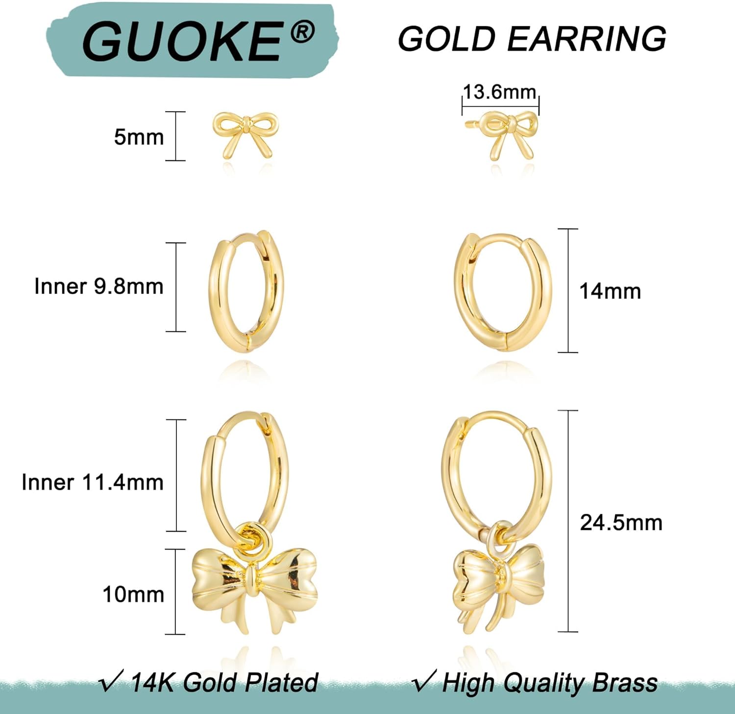 3 Pairs Small Hoop Earring Stacks, 14K Gold/Silver/Black/Rose Gold Plated Pearl Heart Butterfly Bow Star Moon Leaf Diamond Hoop Charm Drop Huggie Earrings Trendy Jewelry Gift for Women - Image 6