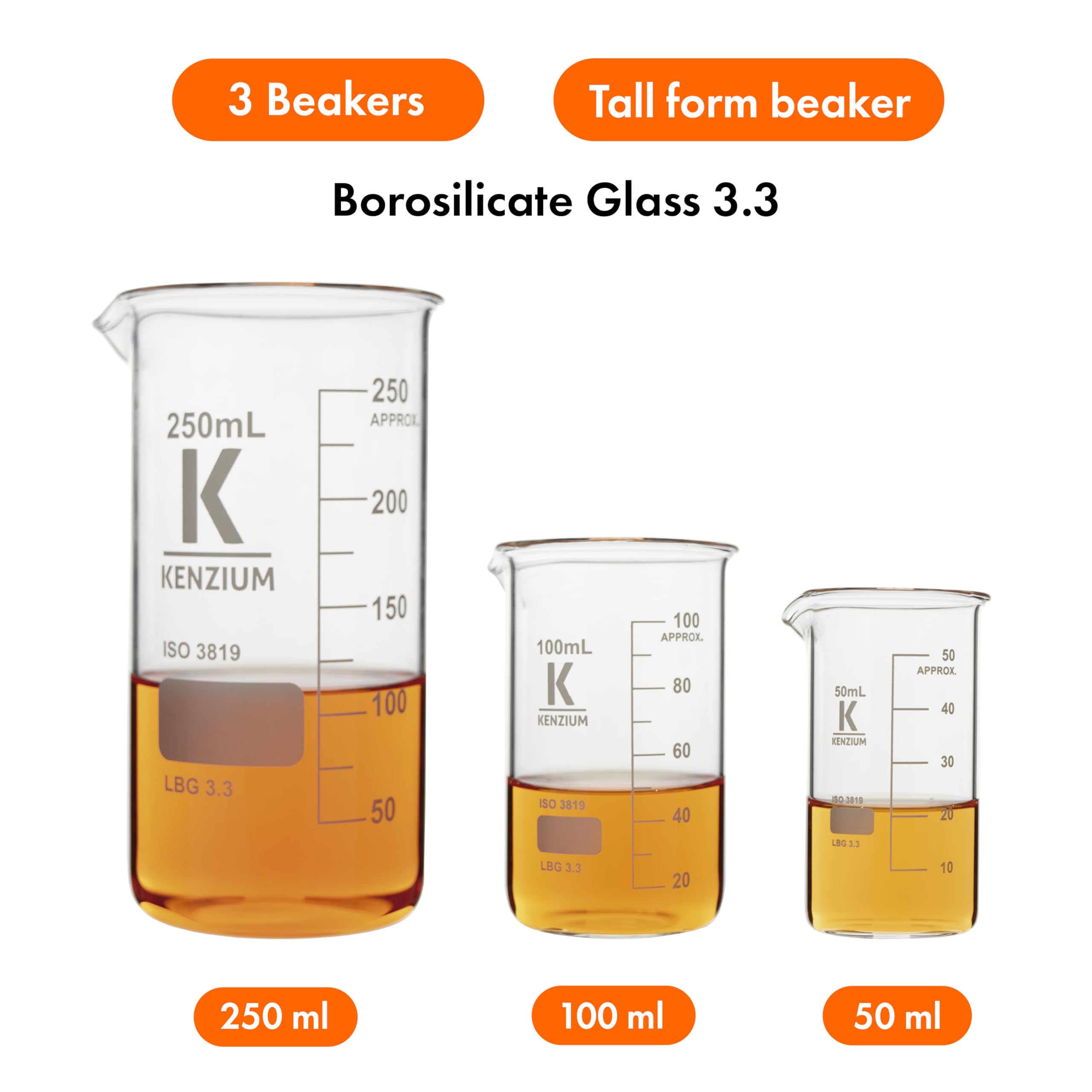 KENZIUM - Pack 3 x Becher | 50, 100 & 250 ml | Vetro Borosilicato 3.3 | Forma Alta | Graduato, Con Beccuccio | Alta Resistenza, Autoclavabile | Ideale Per Laboratorio e Didattica