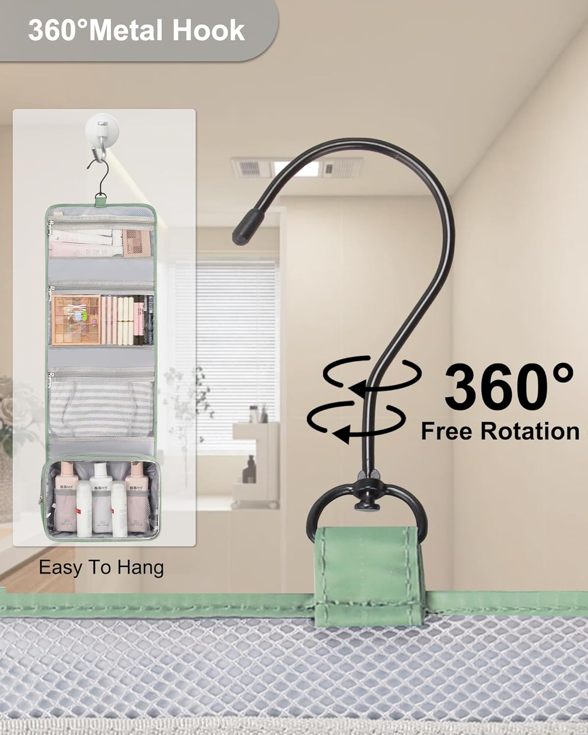 Relavel Travel Hanging Toiletry Bag for Men Women Travel Kit Shaving Bag Waterproof Large Makeup Bag Wash Bag Makeup Organizer Cosmetic Case for Bathroom Shower Green Pro - Image 2