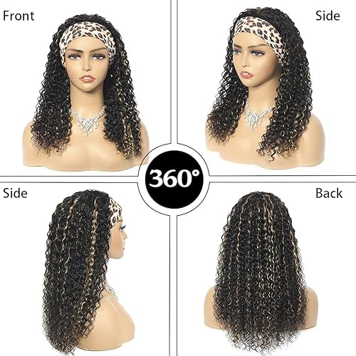 Miniatura 9 de Peluca de cabello humano con diadema de ondas profundas 427 de cabello humano para mujer, sin pegamento, sin encaje frontal, hecha a máquina, 150%