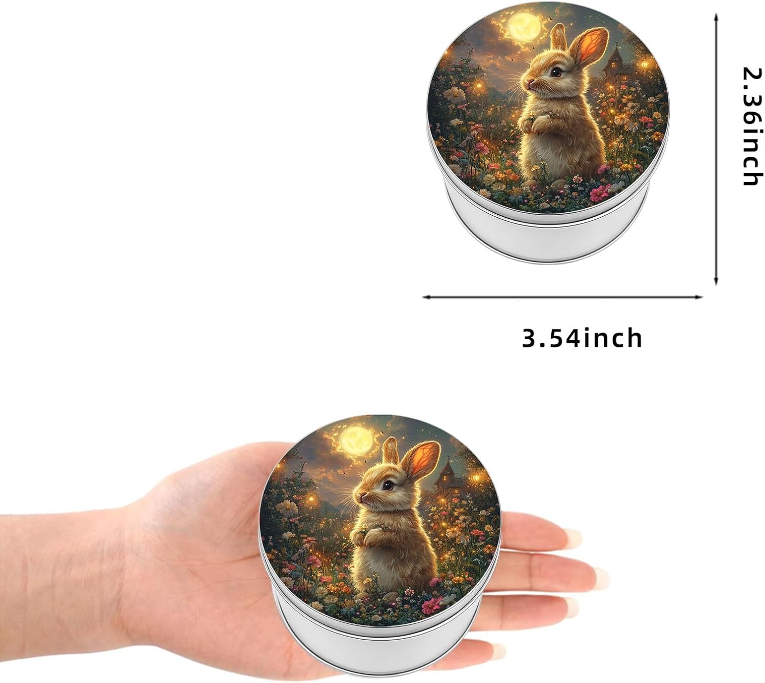 3.6" Round Metal Tin Containers with Lids, Small Silver Storage Tins for Travel, DIY Candles, Candy, Crafts, Portable Empty Tin Cans for Kitchen, Home & Office Organization Bunny in Garden