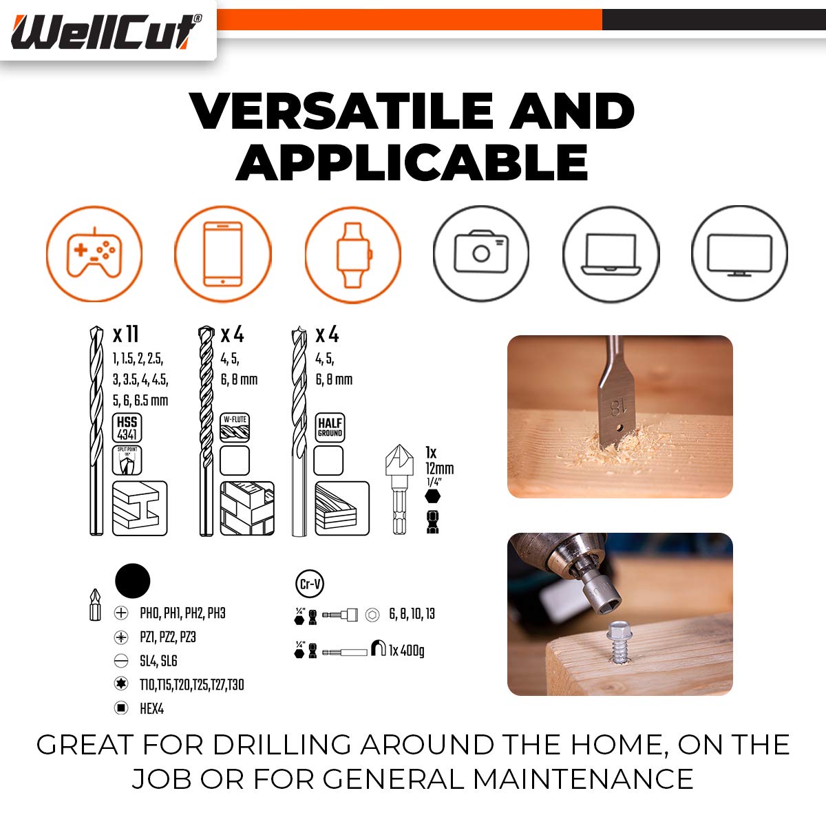 WellCut Set di 41 punte per cacciavite, set durevole e custodia portatile con accessori per trapano, per muratura, metallo, legno, riparazione progetti fai da te