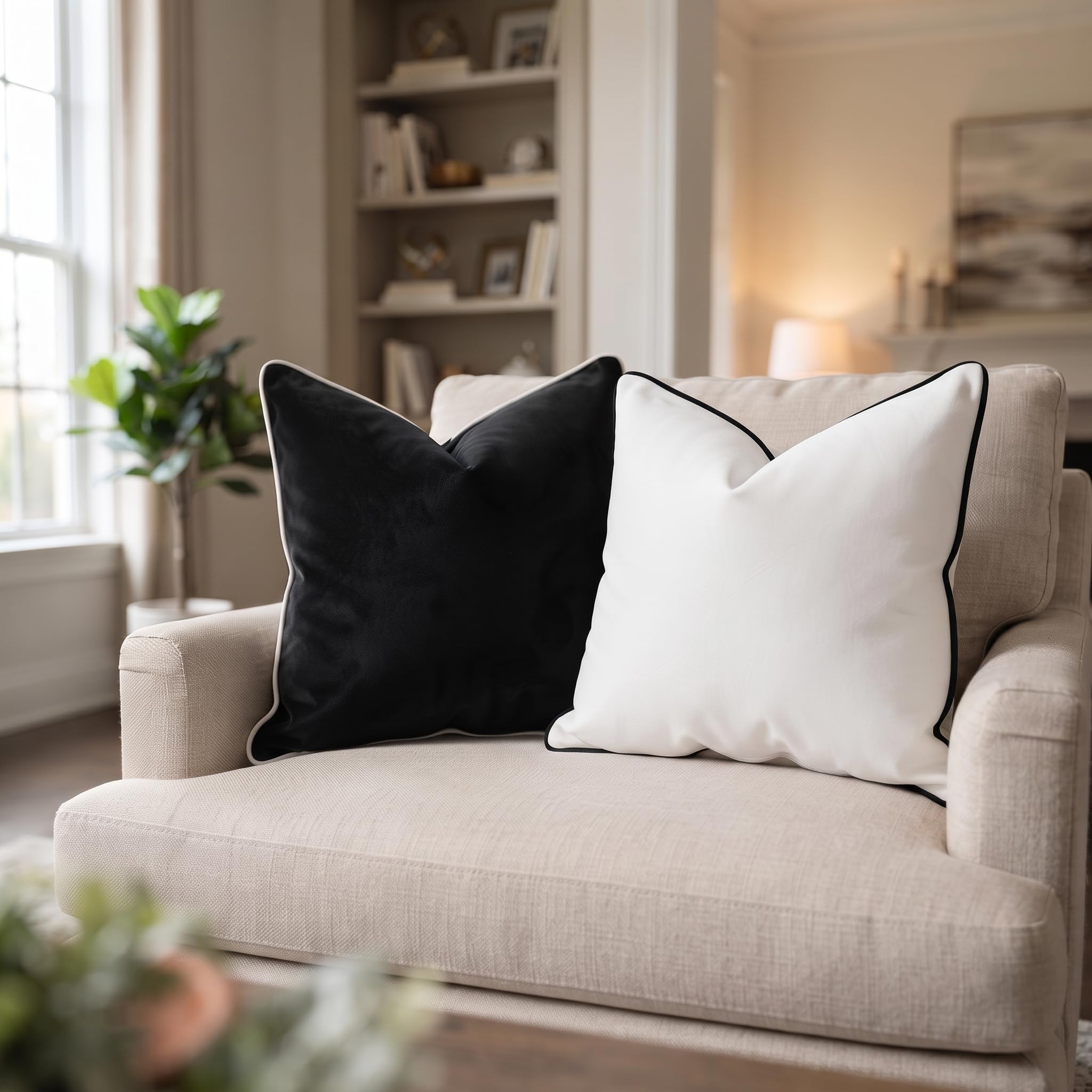 Bird Wing Velvet Cushion Covers with Piping Border, Luxury Soft Decorative Throw Pillow Covers for Living Room, Sofa, Bed, Couch (Black and White, Set of 2, 16x20 Inch / 40x50 cm)-image-15