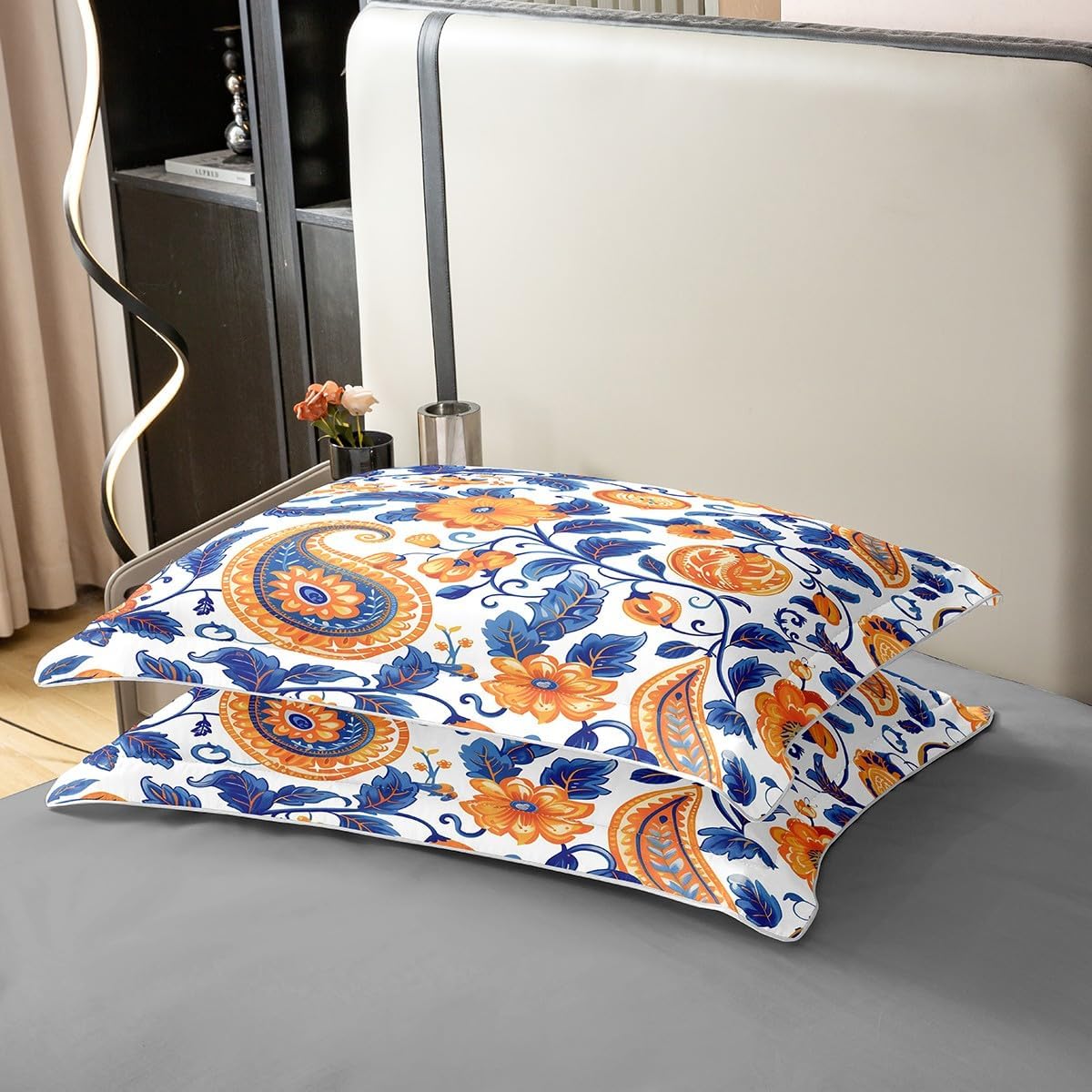 Orange Paisley 100% Cotton Duvet Cover King Size 3 Pcs Watercolor Retro Blue Botanical Leaves Bedding Set for Kids Teens Adults Exotic Indian Bohemian Style Comforter Cover,2 Pillowcases(No Comforter)