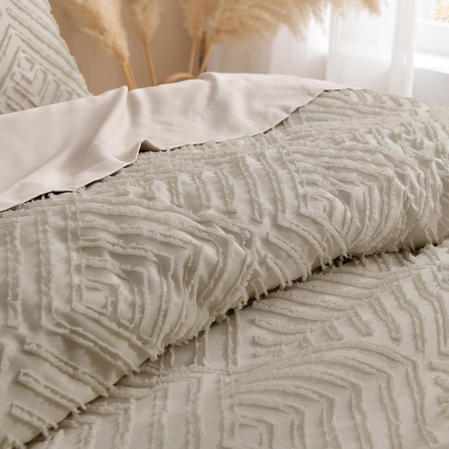 Andency Oatmeal Comforter California King Size, 3 Pieces Boho Bedding Set & Collections, Farmhouse Tufted Fluffy Bedding Comforter Sets for All Seasons (1 Comforter 104x96In, 2 Pillowcases)