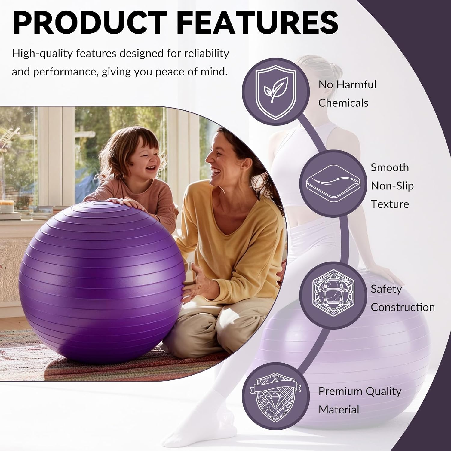 Exercise Ball – Puncture-Resistant Yoga Ball for Core Strength, for Core Strength Recovery, Balance & Stability Workouts, Multiple Sizes & Colors