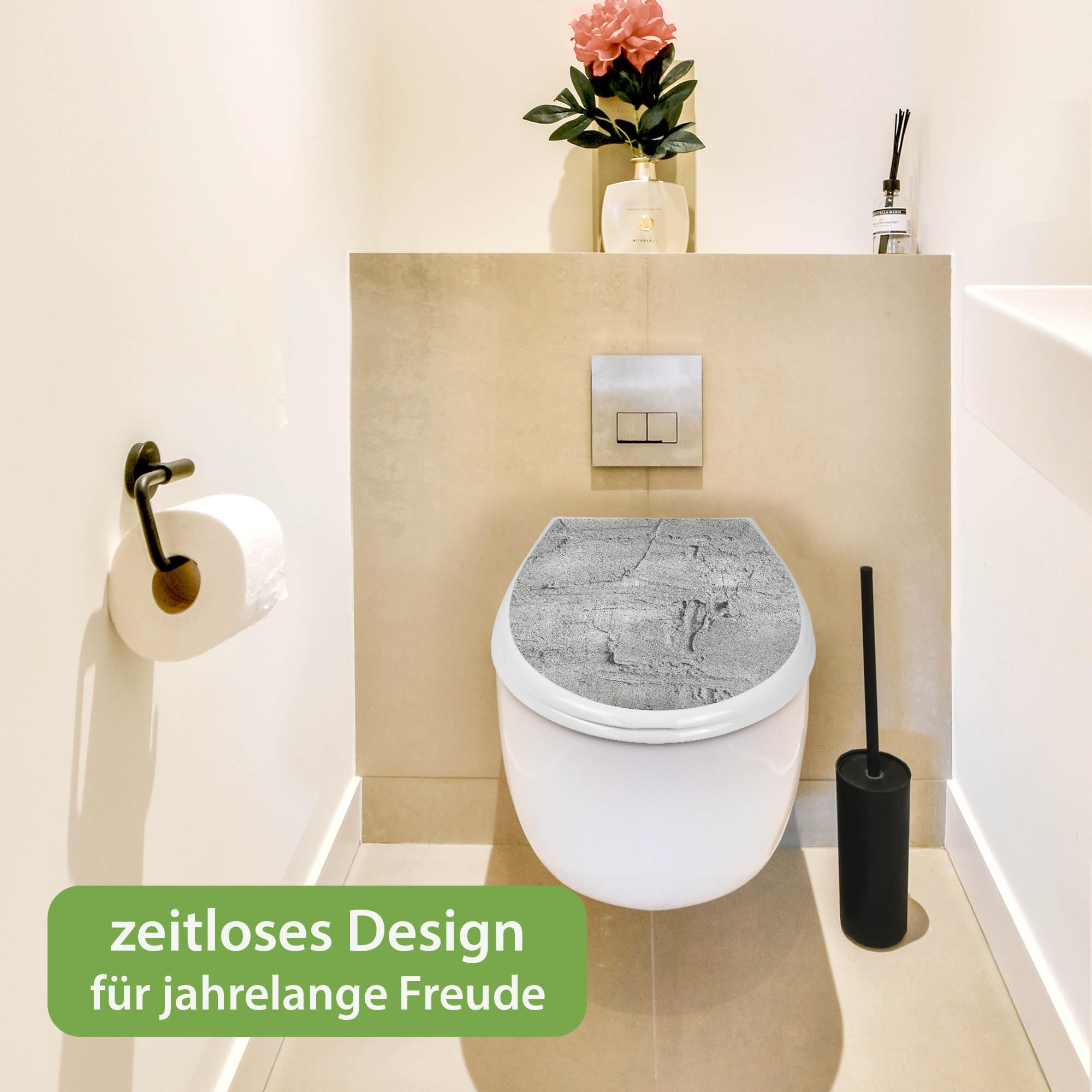 banjado Familien WC Sitz mit Absenkautomatik 44,9x37,1cm - Klobrille mit Kindersitz aus hochwertigem Polypropylen - Toilettendeckel mit Kinder Toilettensitz integriert - Motiv Betonwand Struktur Grau