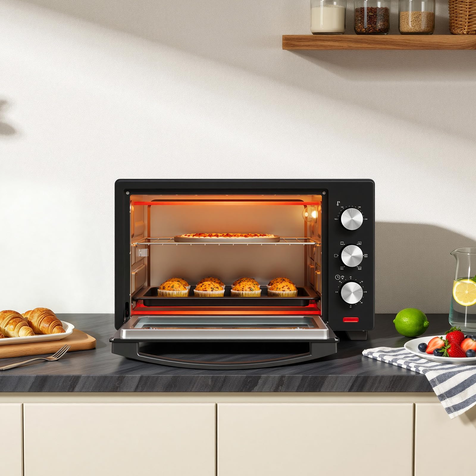 WOLTU Mini Backofen mit umluft, Pizzaofen 32 L, 1600 W, 100-230 °C, 0-60 Min. Timer, 5 Heizmodi, Doppelglastür, mit Drehspieß Backblech Grillrost Krümelblech Rostheber, Schwarz