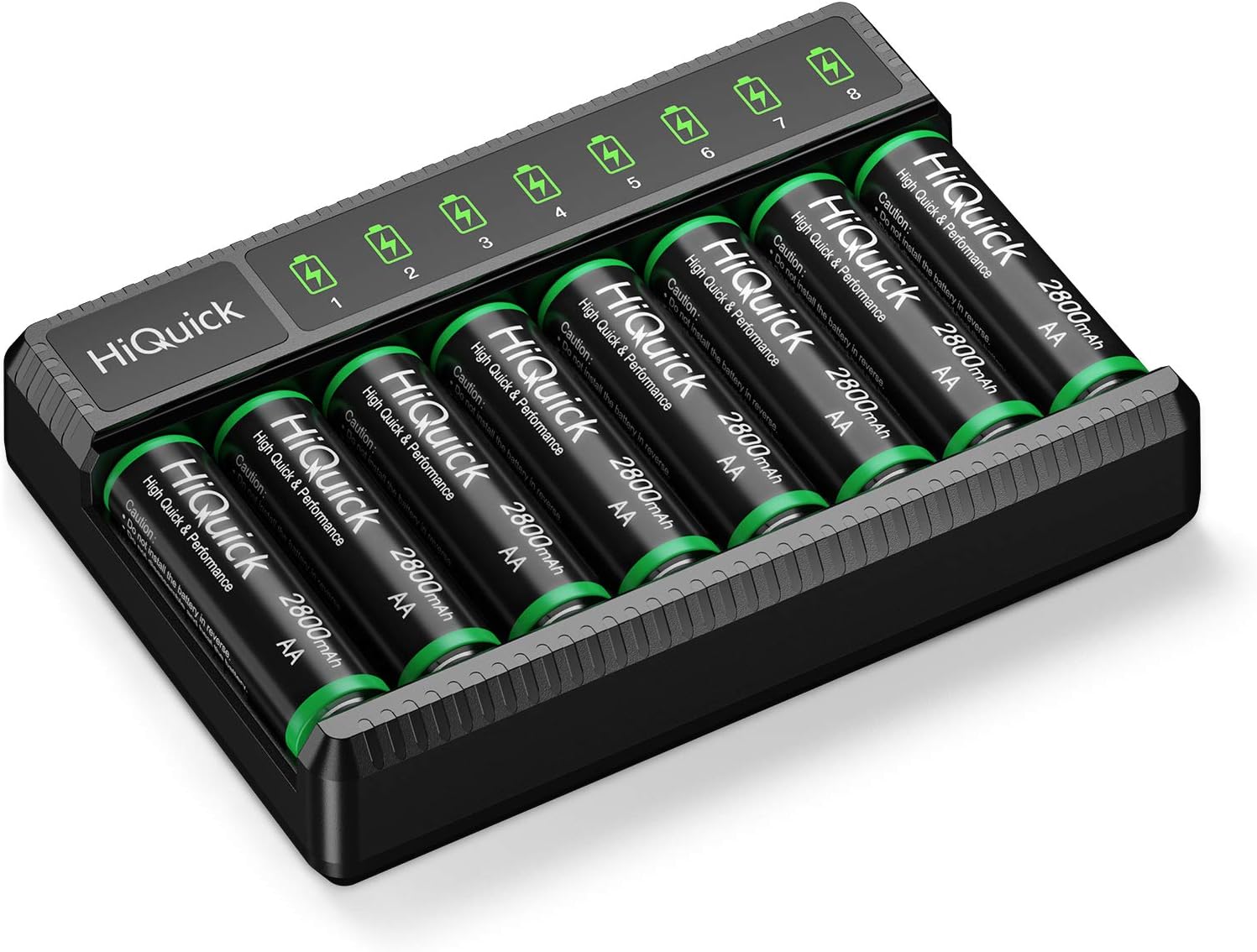 HiQuick 8 x AA Rechargeable Batteries with Battery Charger, Type-C Input 8 Slots LED AA AAA Battery Charger with 8 2800mAh Rechargeable Batteries