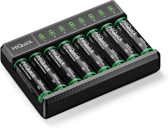 HiQuick 8 x AA Rechargeable Batteries with AA AAA Battery Charger, 8-Bay LED Battery Charger with 8 Counts AA 2800mAh Rechargeable Batteries, Rechargeable Batteries and Battery Charger Combo