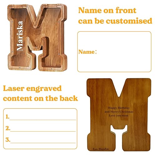 Vista 99 de Customized Name Large Wooden Piggy Bank for Boys Girls Alphabets Letter A-Z Coins Bills Money Change Bank Box Initial on Clear Cover