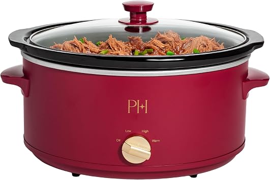 Paris Hilton 6-Quart Manual Slow Cooker, Naturally Nonstick Stoneware Ceramic Insert, Three Settings (Low, High, Warm), Dishwasher Safe Family Size Slow Cooker, Berry