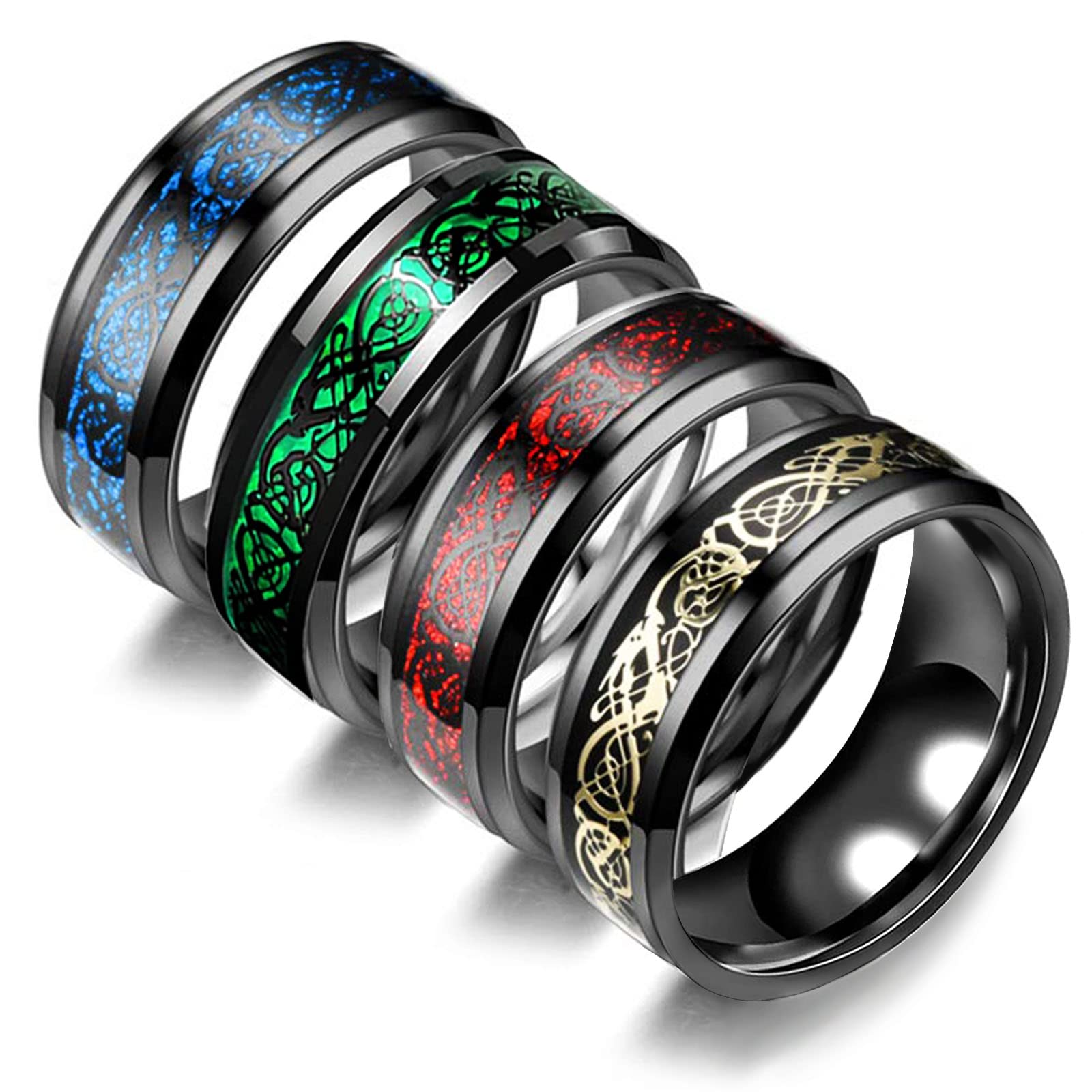 ronglry 4Pcs 8mm Stainless Steel Band Rings for Men Women Spinner Ring Wide Rings Set Mens Black Ring Cool Chain Ring Spinner Rings for Men Anxiety Rings Men Wedding Band Rings Size 7-12