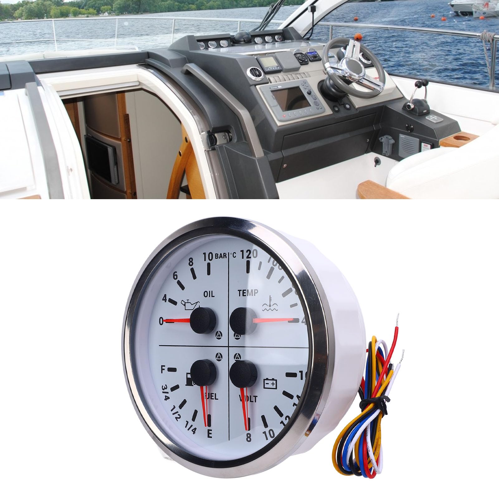 Drfeify Wielofunkcyjny Wskaźnik 4 w 1 Cyfrowy Poziom Paliwa Ciśnienie Temperatura Wody Woltomierz Metal 4 3 8 Cali 104 do 248F 0 do 10 Barów 8 16 V dla RV Yacht Truck Van (Srebrna ramka z białą