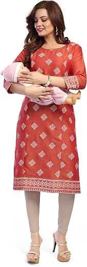 Mom&Bae Women’s Cotton Rayon Printed Straight Maternity & Feeding Kurti with Concealed Zip