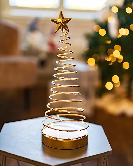 Marco Paul Christmas Gold Tree Ornament Indoor LED Festive Décor Spiral Pre-Lit Xmas Tree Decoration Battery Operated Table Centrepiece Light Up Tree