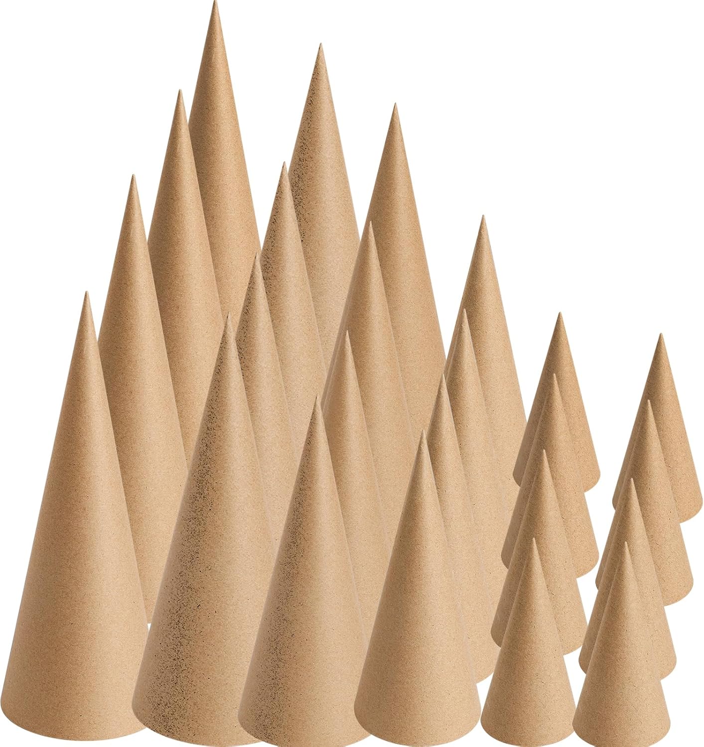 TFTAFAN 24 PCS Christmas Paper Mache Cones, Thick Cardboard Craft Cones Bulk, Open Bottom Cone for Halloween Christmas Valentine's Day DIY Gnomes Ornament Cone Tree Decorations (Mix of 6 Sizes)