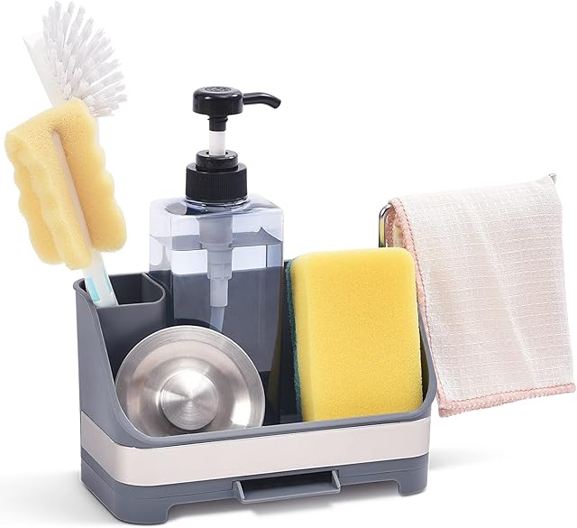 APEXCHASER Kitchen Sink Caddy Holder Set, 20cm Plastic Organiser with Soap Dispenser, Brush Holder, Sponge Storage, Tidy Container for Bathroom, Shower, Shelf Basket, Countertop, Home, Grey