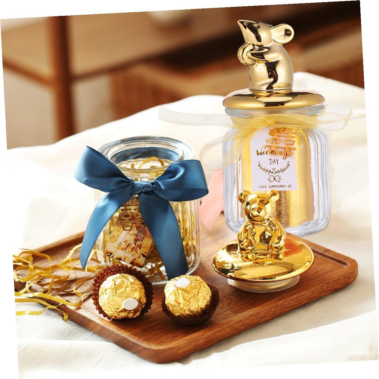 PATKAW Glass Candy Box with Gold Overglaze, Sealed Ceramic Lid Candy Jar for Wedding and Holiday Party Favors, Decorative Storage Jar for Snacks and Sweets